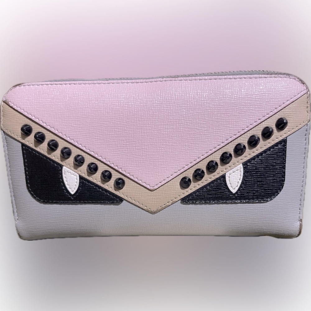 FENDI Vitello Elite Monster Eyes Zip Around Long Wallet Gray/Pink COA